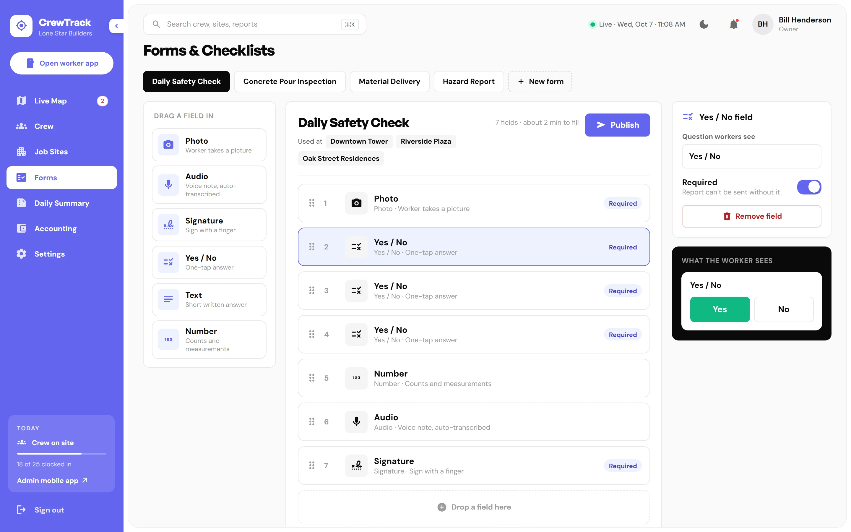 Forms and checklists builder in the CrewTrack dashboard