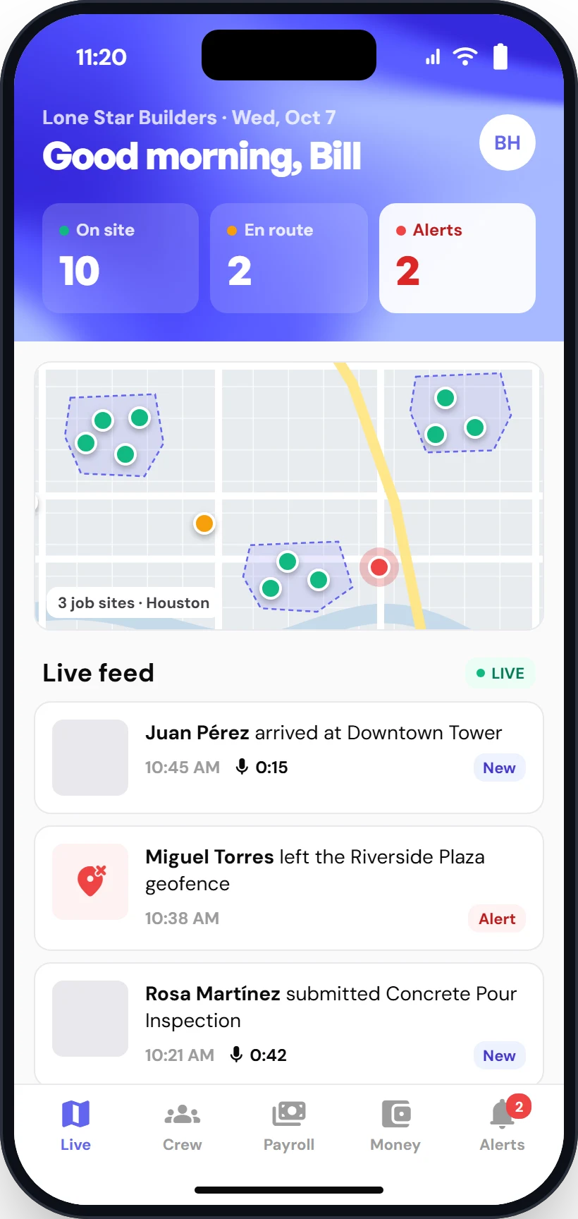 CrewTrack admin mobile app with live overview and feed