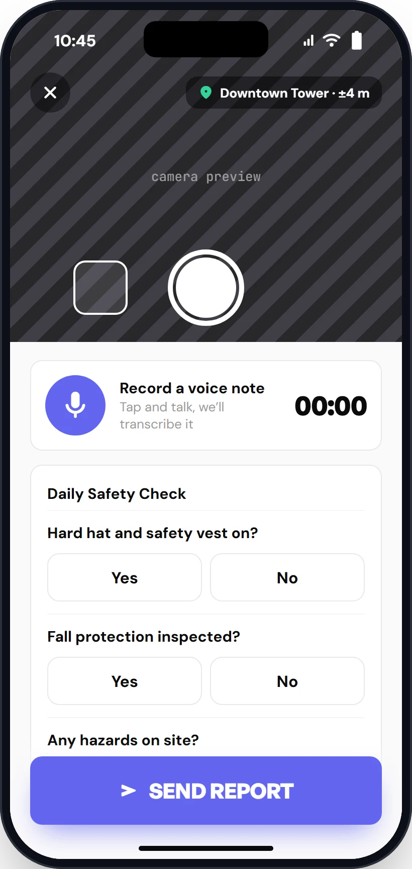 CrewTrack worker app capturing a photo report with voice note and safety checklist