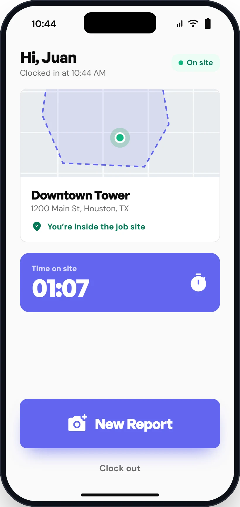 CrewTrack worker app showing a worker clocked in inside the Downtown Tower geofence